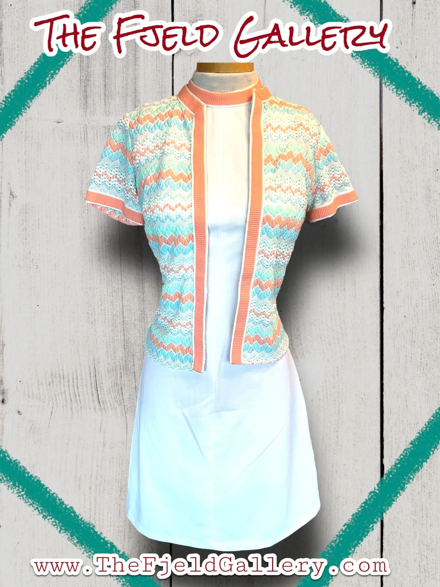 1960’s Vintage A Line White & Pastel Pink, Blue & Green Spring Sleeveless Dress & Sweater Set