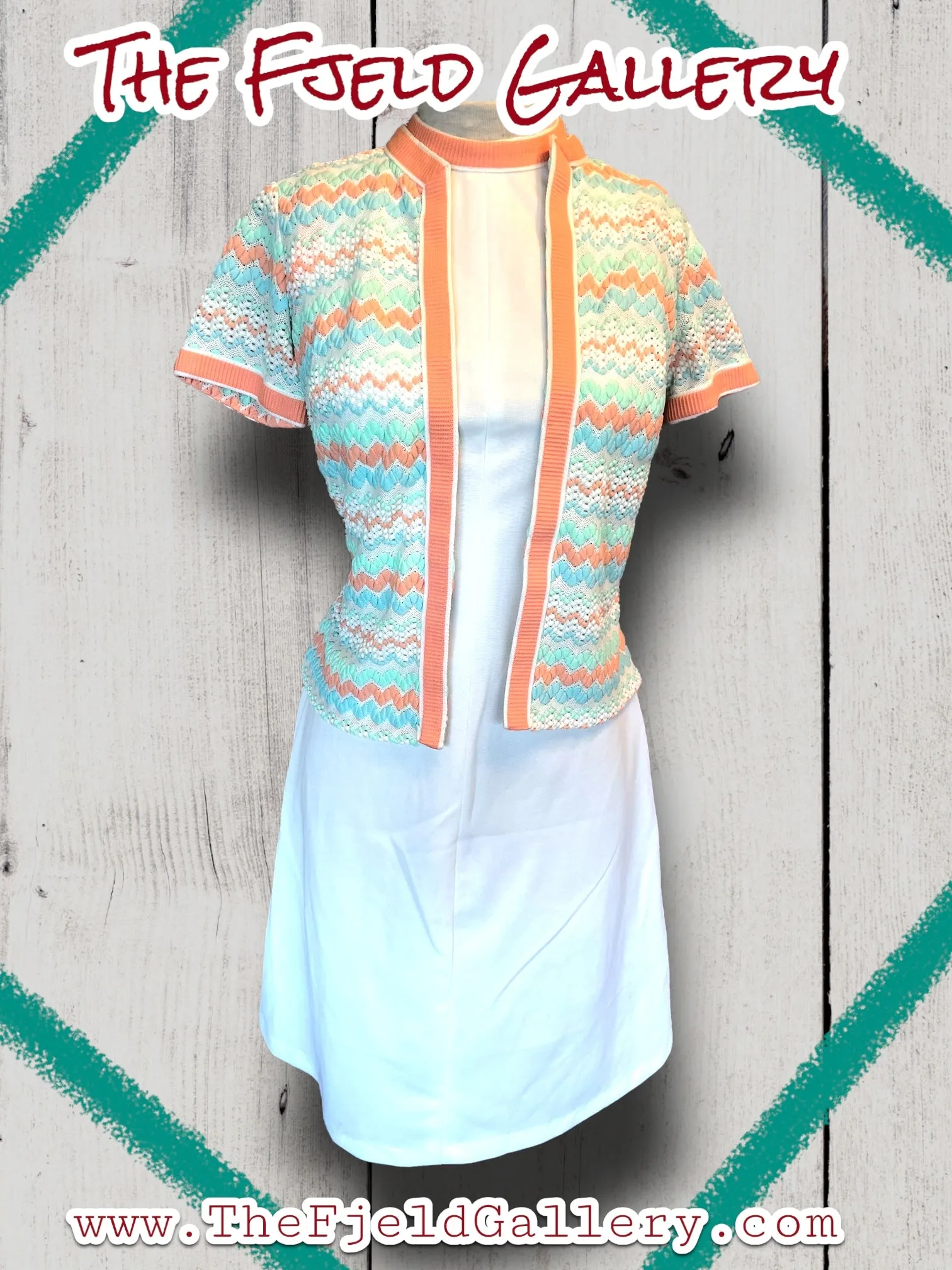 1960’s Vintage A Line White & Pastel Pink, Blue & Green Spring Sleeveless Dress & Sweater Set