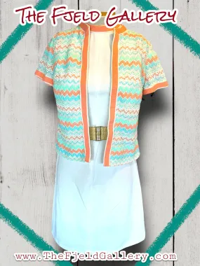 1960’s Vintage A Line White & Pastel Pink, Blue & Green Spring Sleeveless Dress & Sweater Set