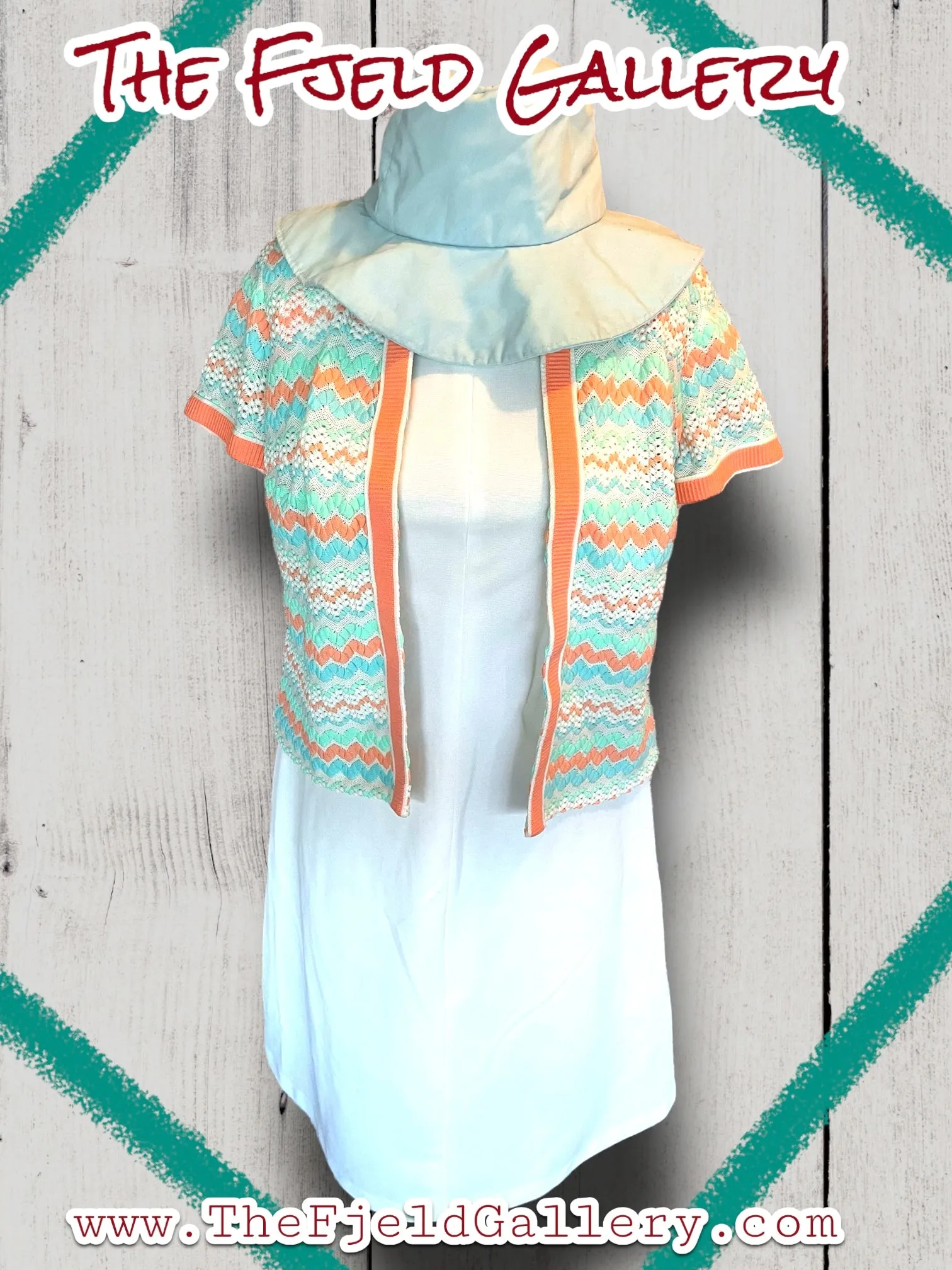 1960’s Vintage A Line White & Pastel Pink, Blue & Green Spring Sleeveless Dress & Sweater Set