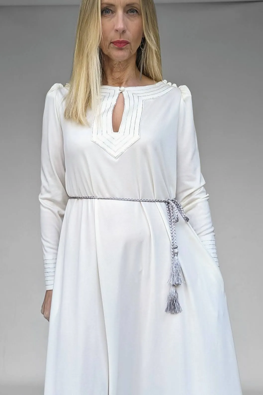 1970s Jean Varon Long White Maxi Evening Dress with Silver Stitching Design and Pockets