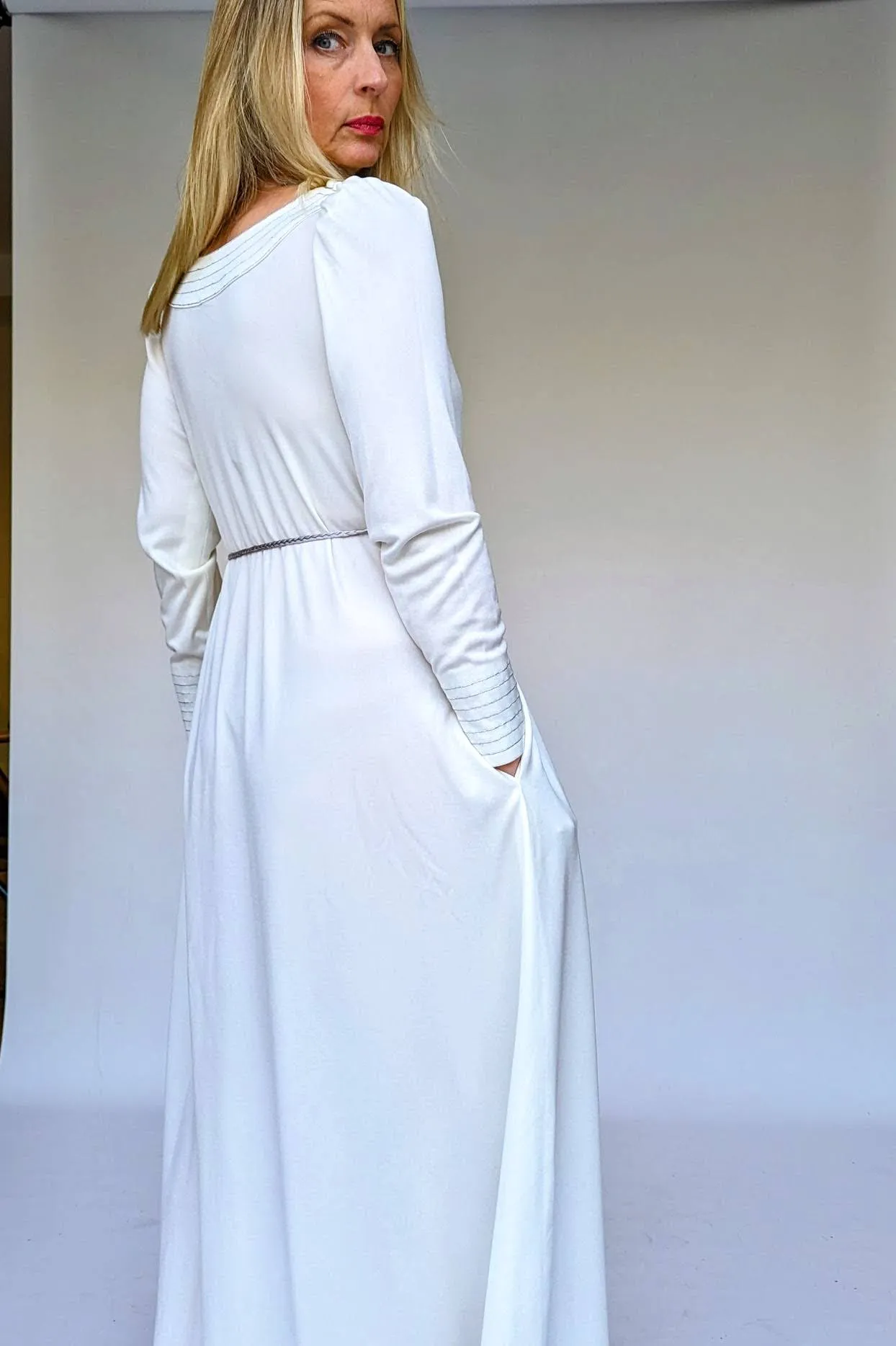 1970s Jean Varon Long White Maxi Evening Dress with Silver Stitching Design and Pockets
