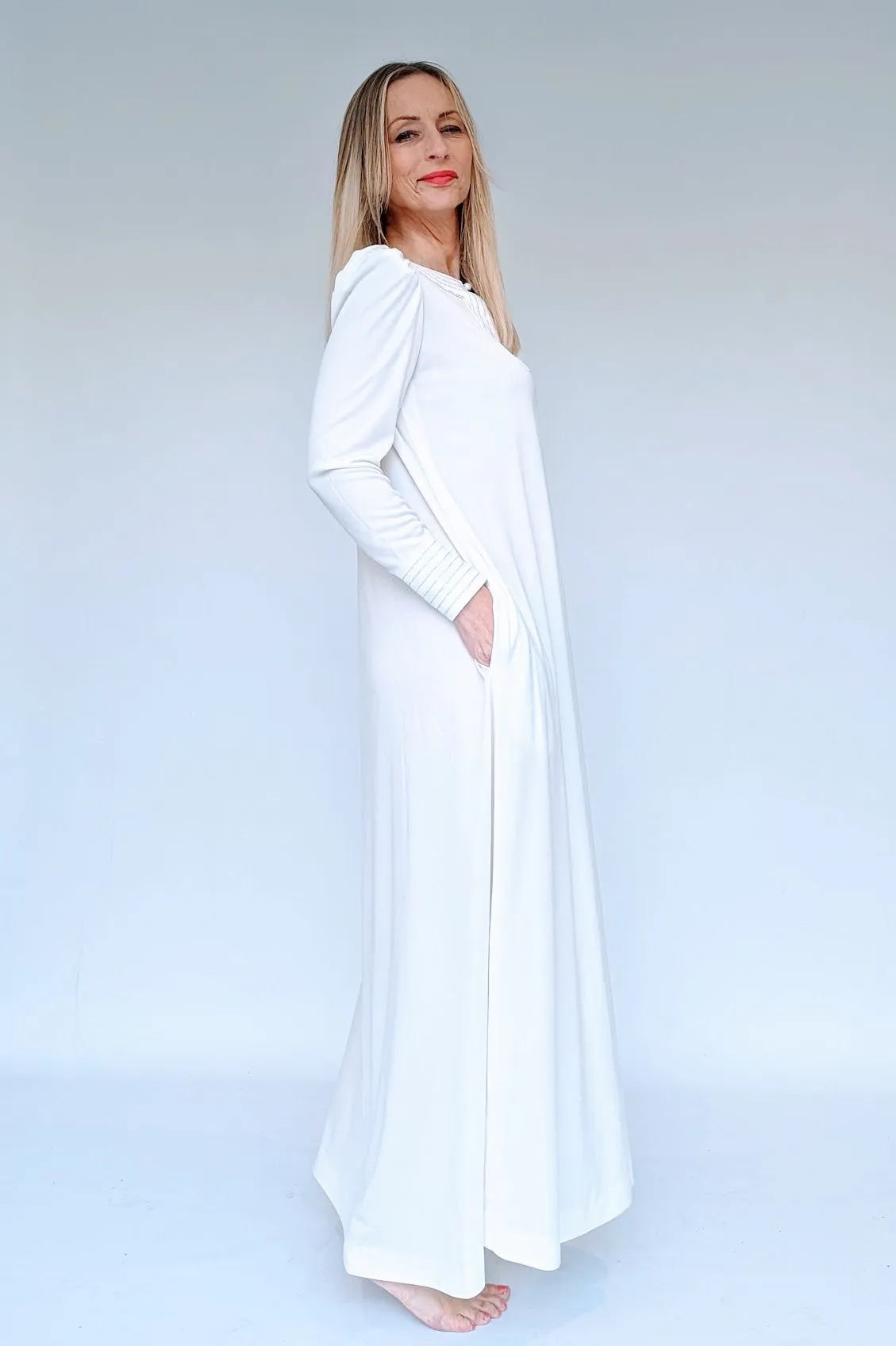 1970s Jean Varon Long White Maxi Evening Dress with Silver Stitching Design and Pockets