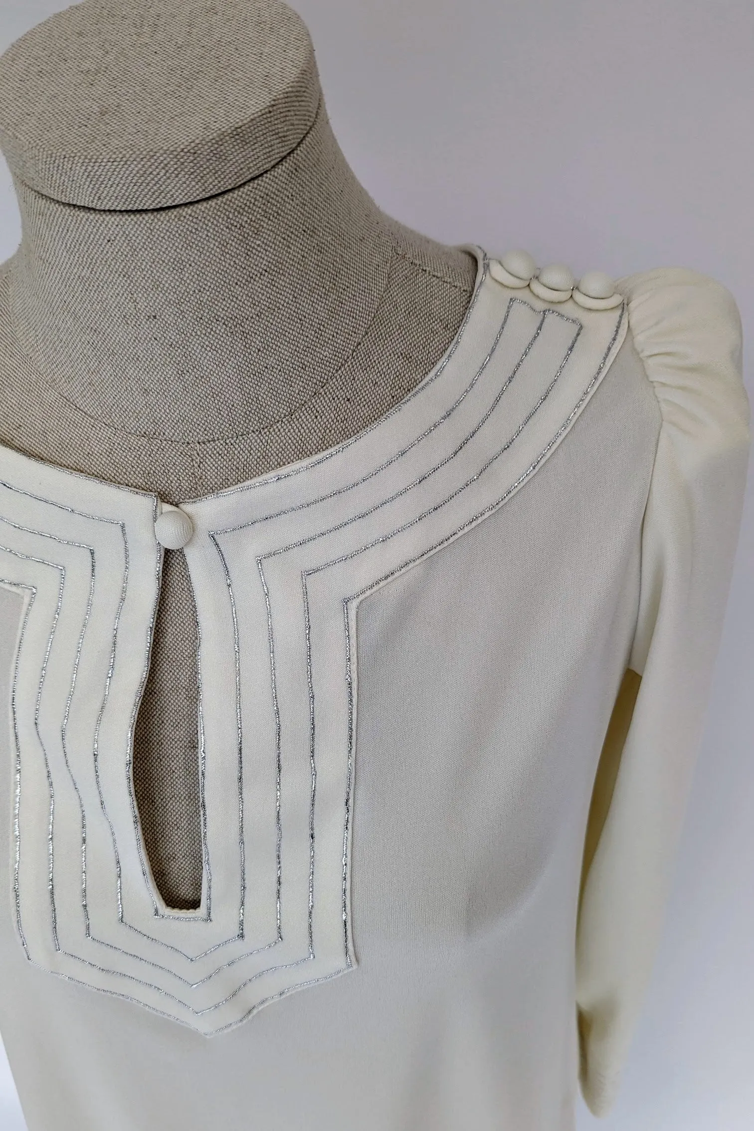 1970s Jean Varon Long White Maxi Evening Dress with Silver Stitching Design and Pockets