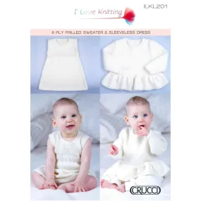 201 Crucci Frilled Sweater and Sleeveless Dress 8ply Knitting Pattern