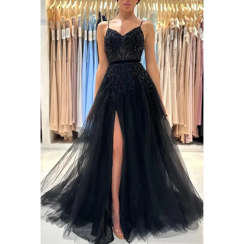 A-Line Sweetheart Tulle Appliques Beaded Sleeveless Prom Evening Formal Dress