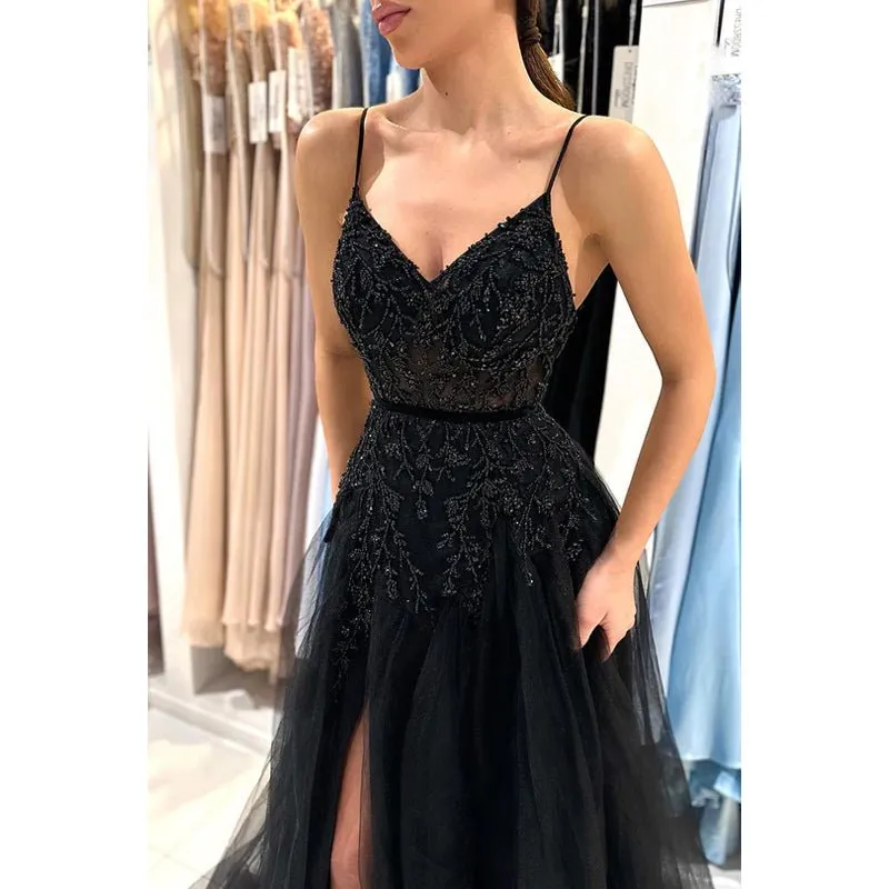 A-Line Sweetheart Tulle Appliques Beaded Sleeveless Prom Evening Formal Dress