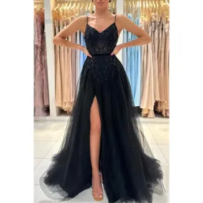 A-Line Sweetheart Tulle Appliques Beaded Sleeveless Prom Evening Formal Dress