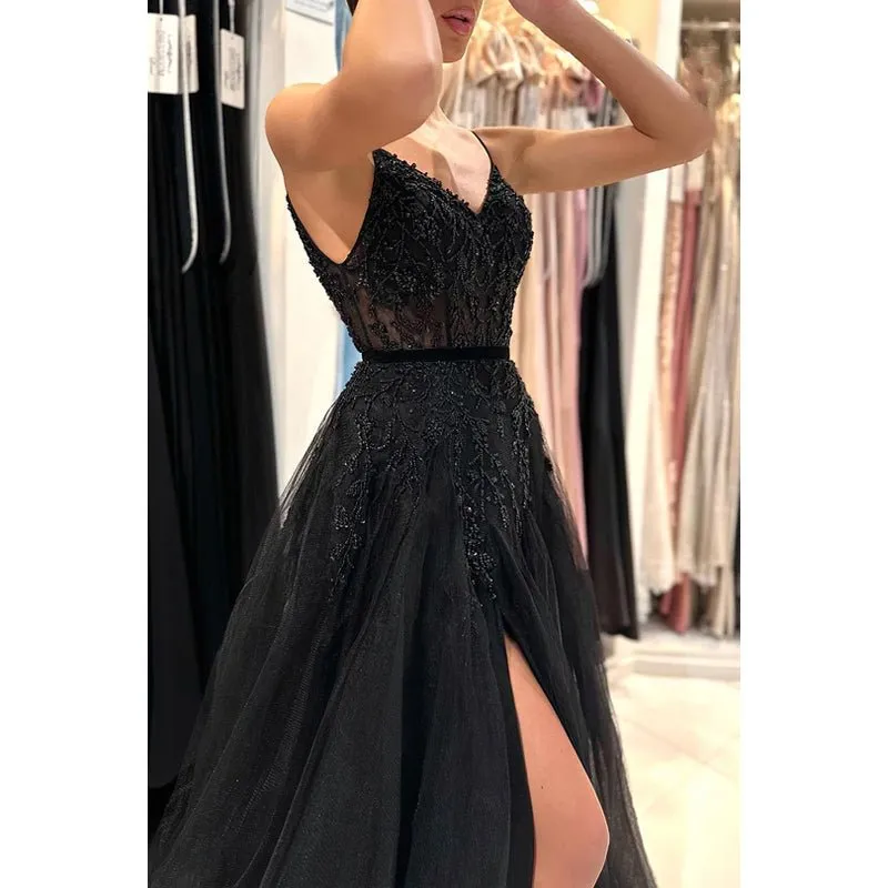 A-Line Sweetheart Tulle Appliques Beaded Sleeveless Prom Evening Formal Dress