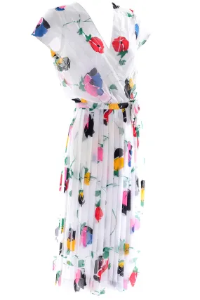 Albert Nipon Semi Sheer White Colorful Floral Print 1970s Vintage Dress
