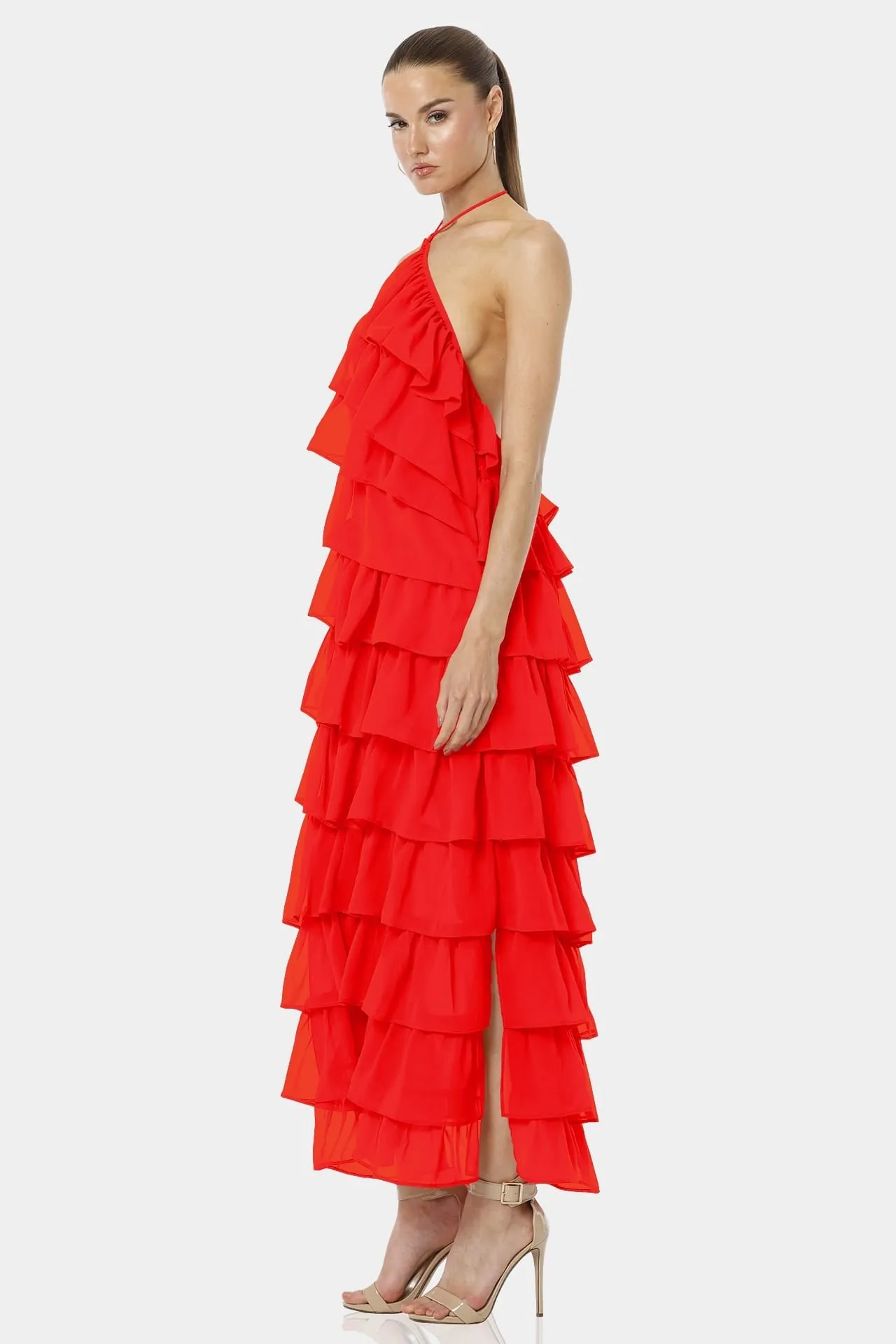 Atalanta Red Lava Falls Halter Neck Backless Dress