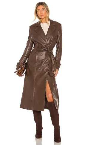Bardot Faux Leather Trench Coat in Chocolate