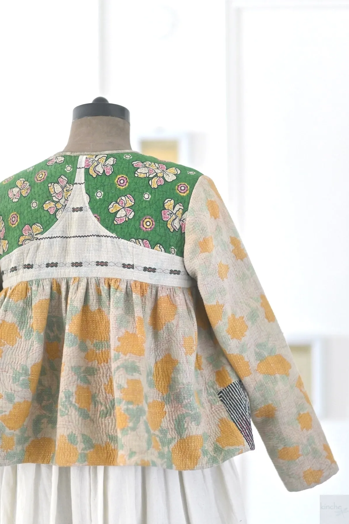 Basrah, Large Size, Vintage Kantha, Flared Boho Jacket with Front Ties & Tassels