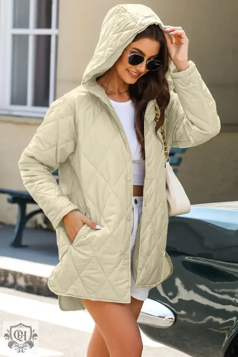 Beige Quilted Snap Button Hooded Coat