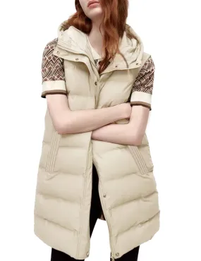 Beige Women's Long Puffer Vest Casual Sleeveless Puffy Jacket - Tanming