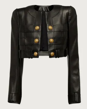 Black Leather Cropped Gold Button Jacket