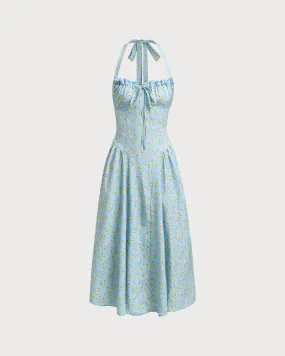 Blue Floral Ruched Lace Halter Midi Dress