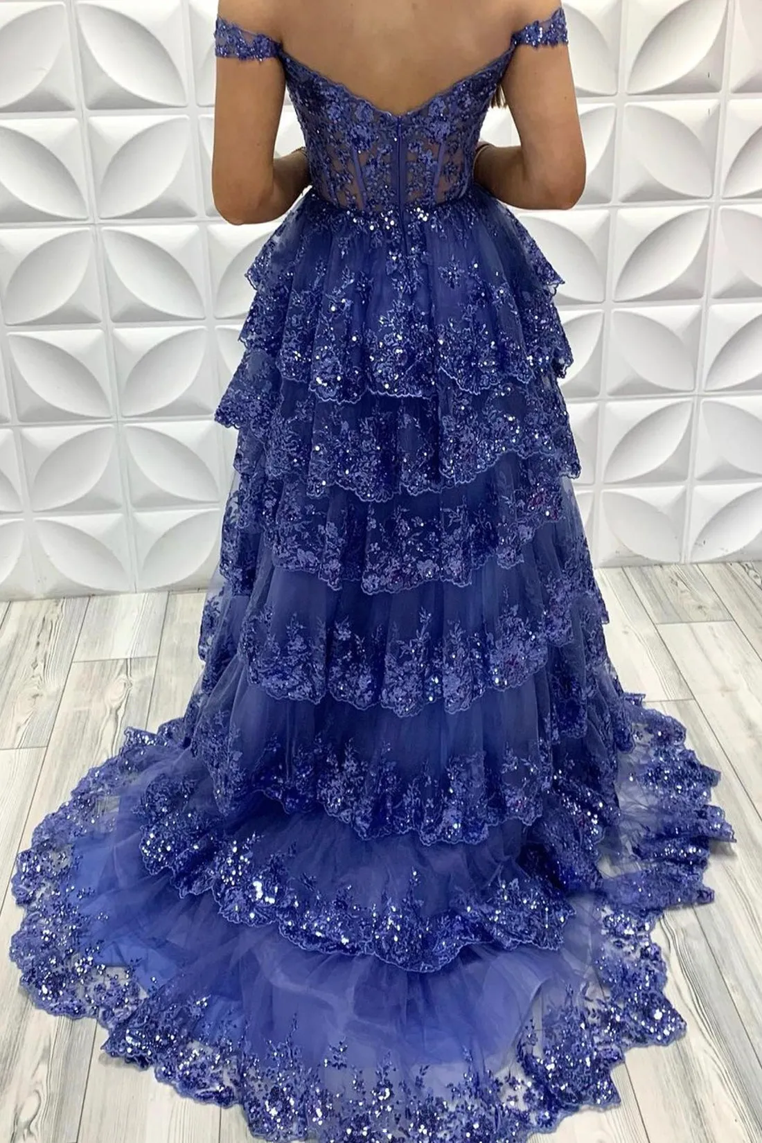 Blue Tulle Lace Long Prom Dress, Off Shoulder Evening Party Dress