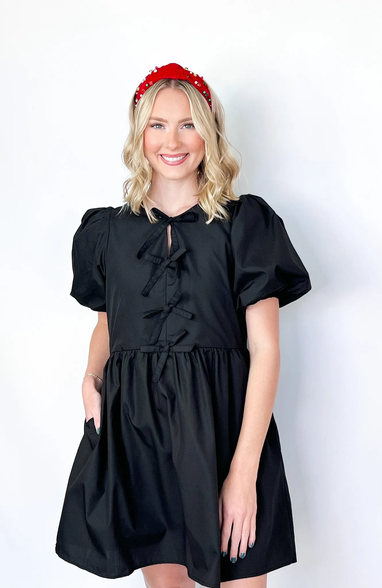 Brea - Black Bow Puff Sleeve Detail Dress