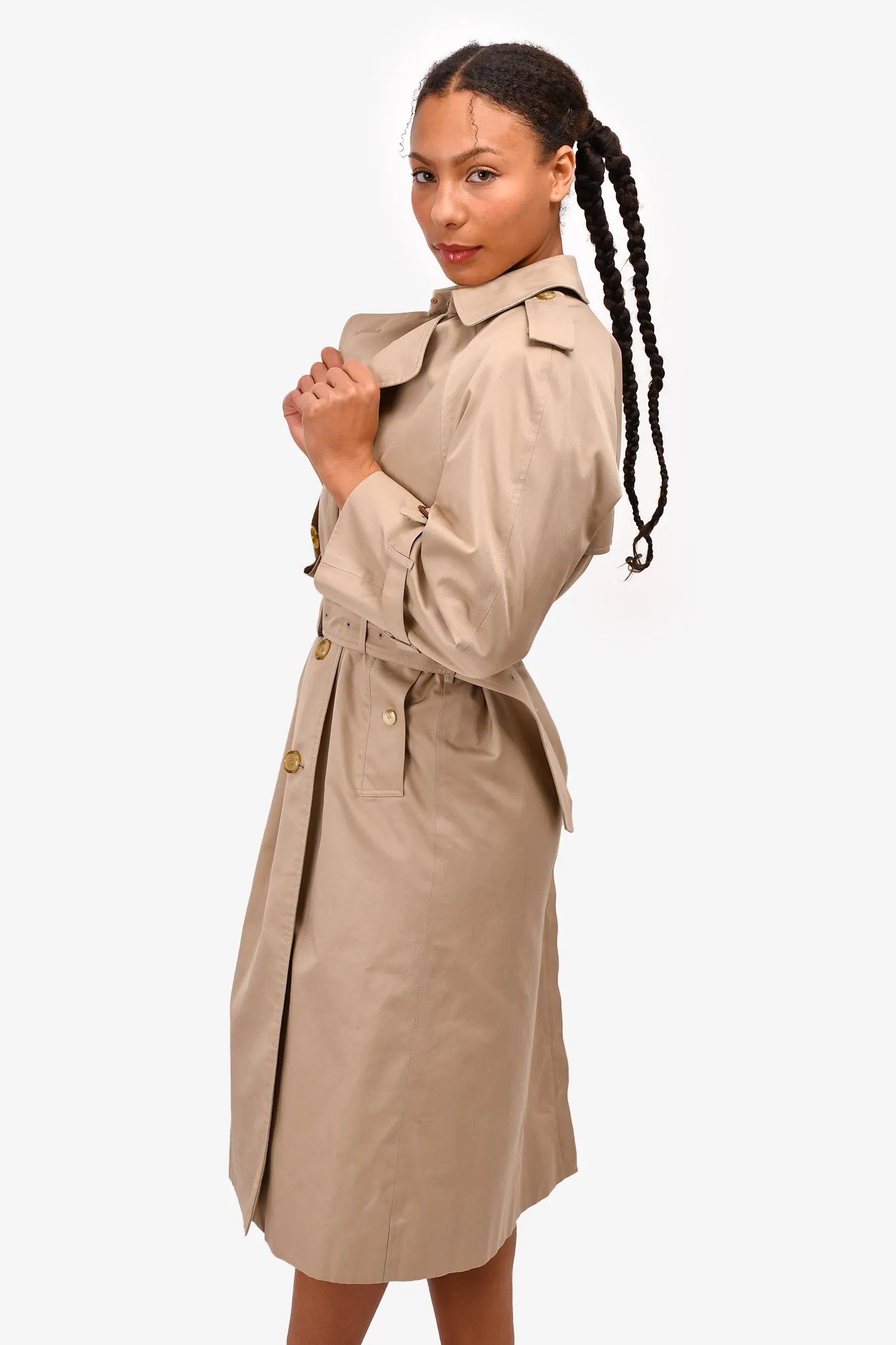 Burberrys Vintage Beige Check Wool Lined Trench Coat with Belt Est. Size 6/8