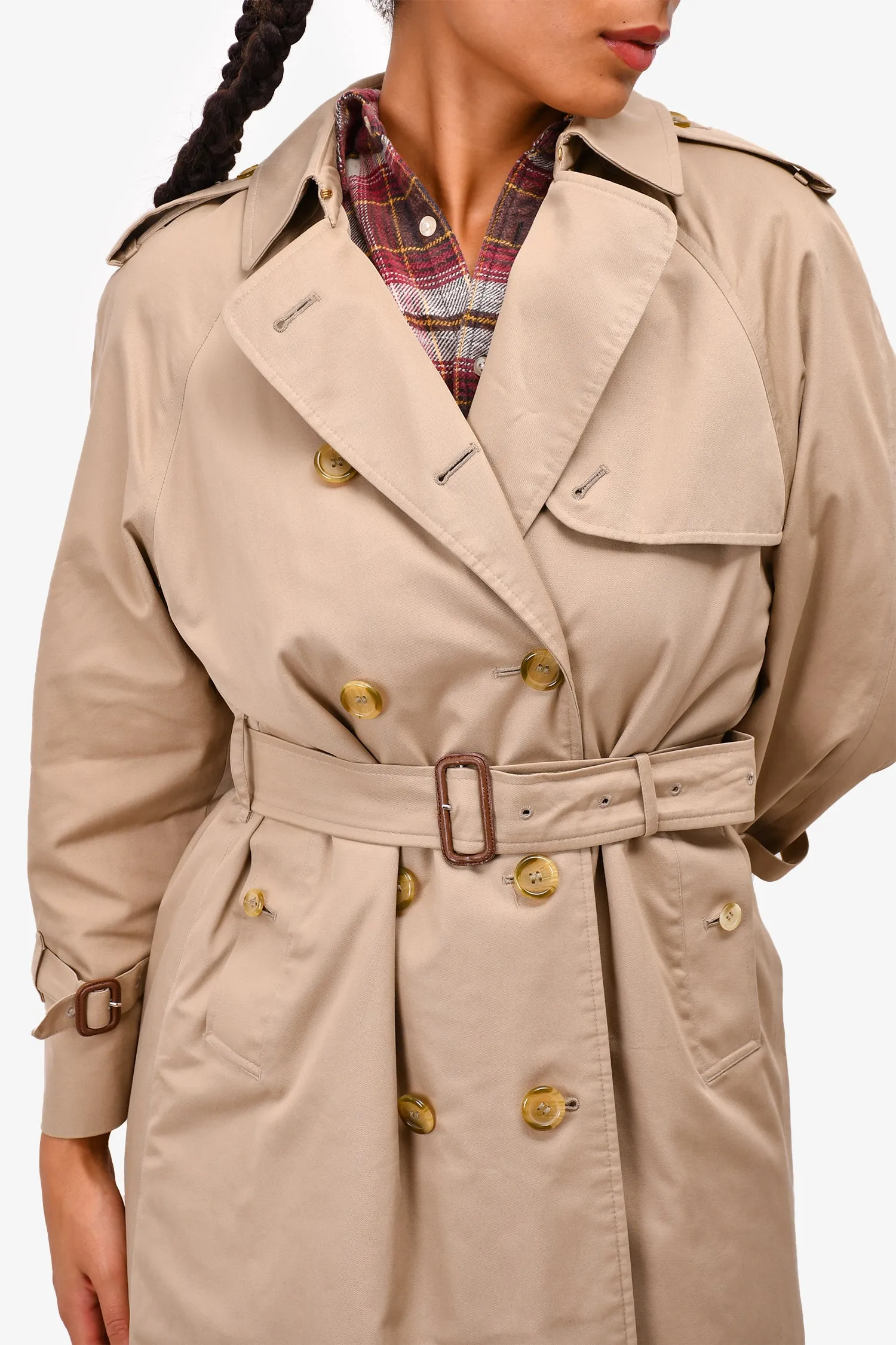 Burberrys Vintage Beige Check Wool Lined Trench Coat with Belt Est. Size 6/8