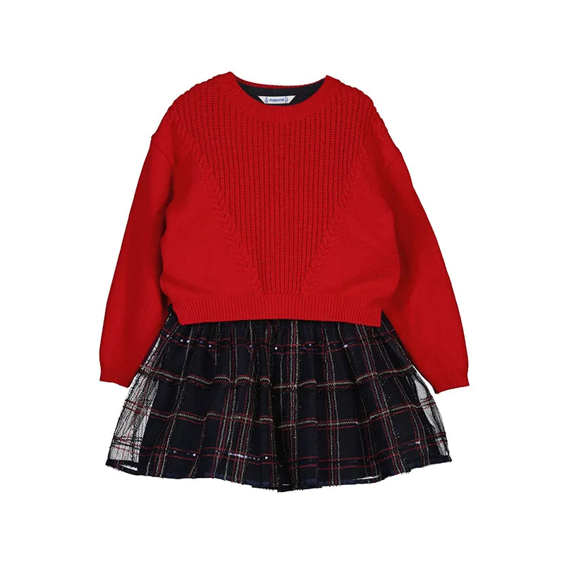 Cherry Red Sweater & Plaid Tulle Dress