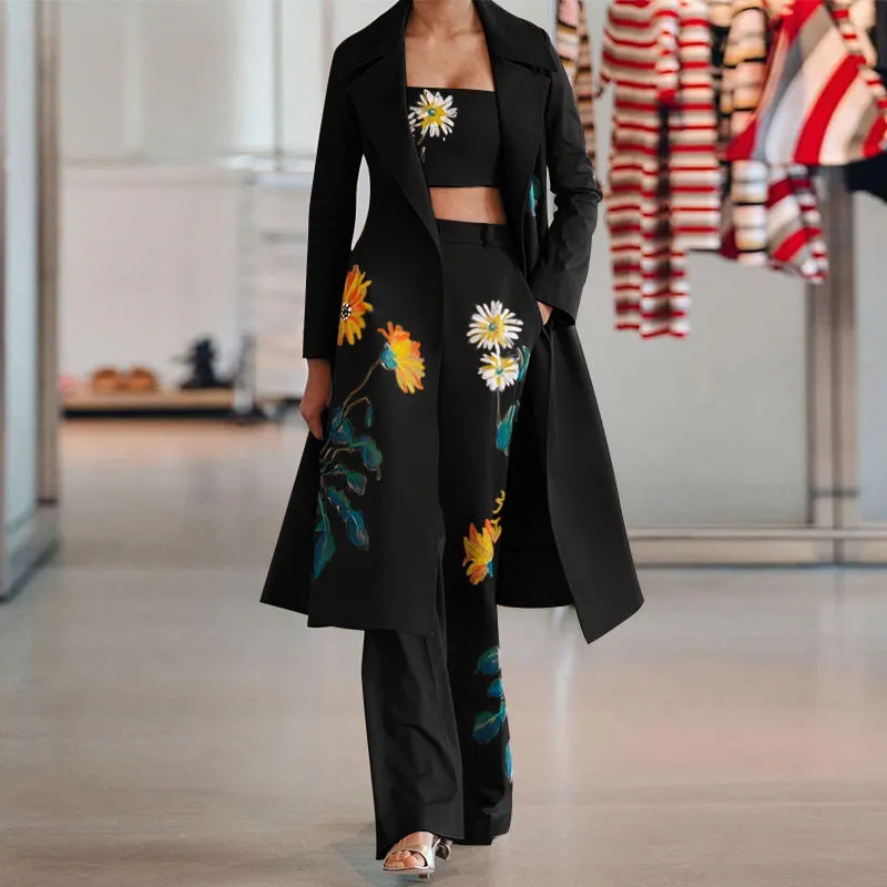 CHICMY- Women's Set Casual Floral Print Trench Coat, Crop Tank and Wide Leg Pants Three Piece Suit