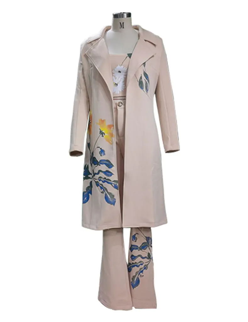 CHICMY- Women's Set Casual Floral Print Trench Coat, Crop Tank and Wide Leg Pants Three Piece Suit