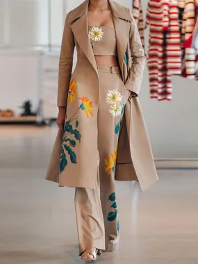 CHICMY- Women's Set Casual Floral Print Trench Coat, Crop Tank and Wide Leg Pants Three Piece Suit