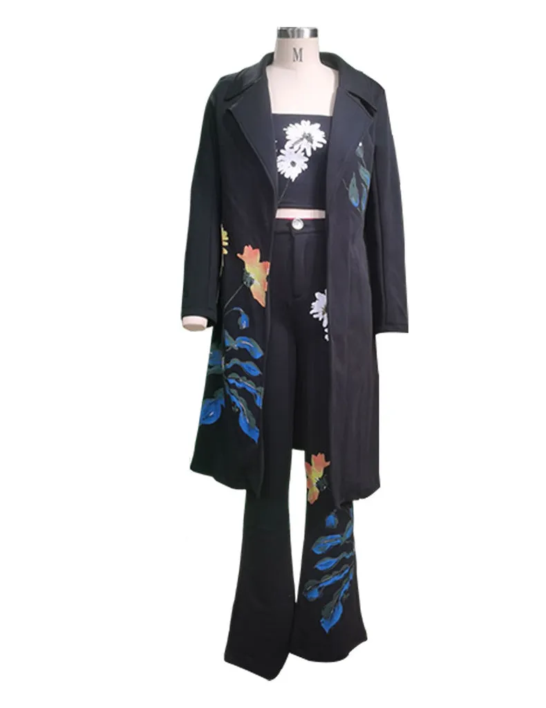 CHICMY- Women's Set Casual Floral Print Trench Coat, Crop Tank and Wide Leg Pants Three Piece Suit