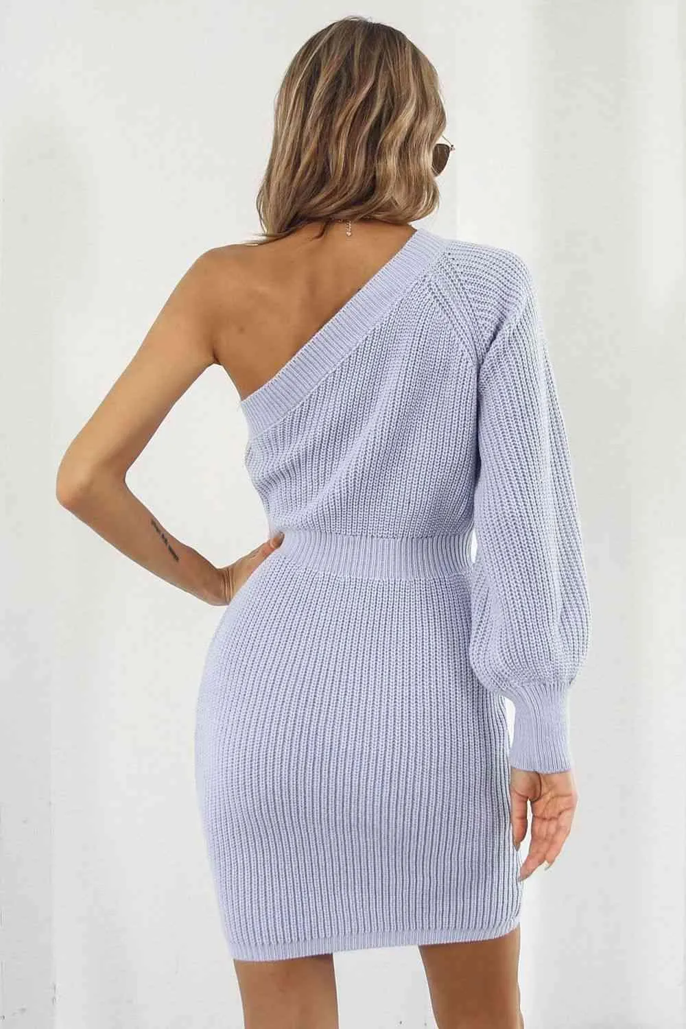Comfy Chic Knitted One Shoulder Sweater Dress