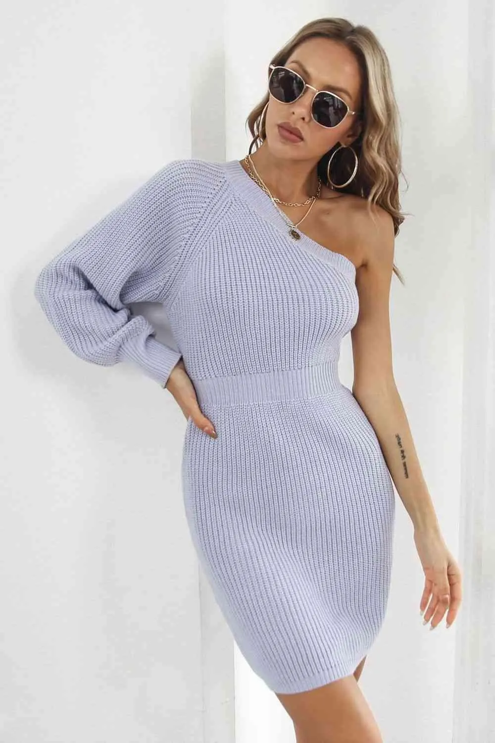 Comfy Chic Knitted One Shoulder Sweater Dress