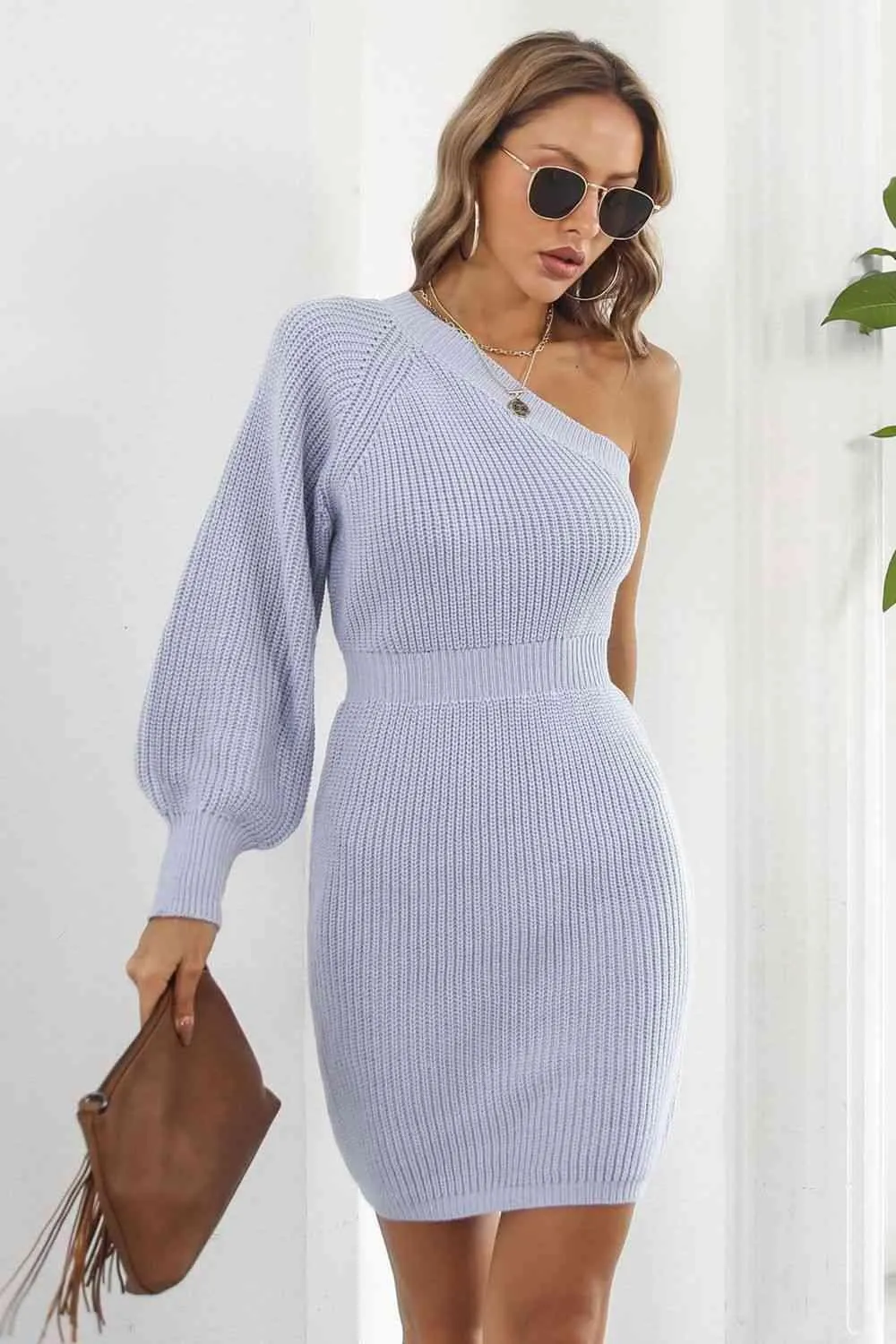 Comfy Chic Knitted One Shoulder Sweater Dress