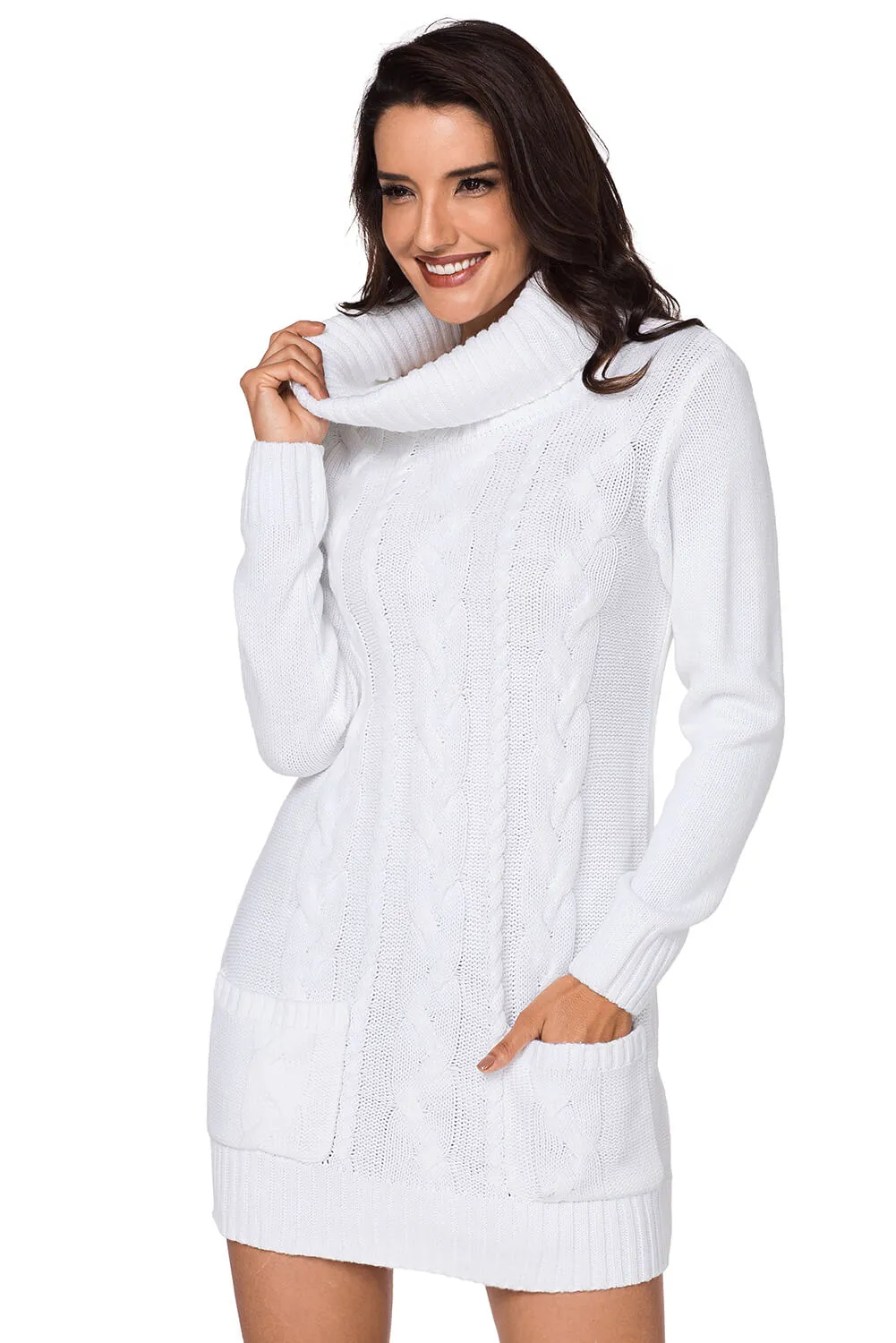 Cowl Neck Cable Knit Sweater Dress