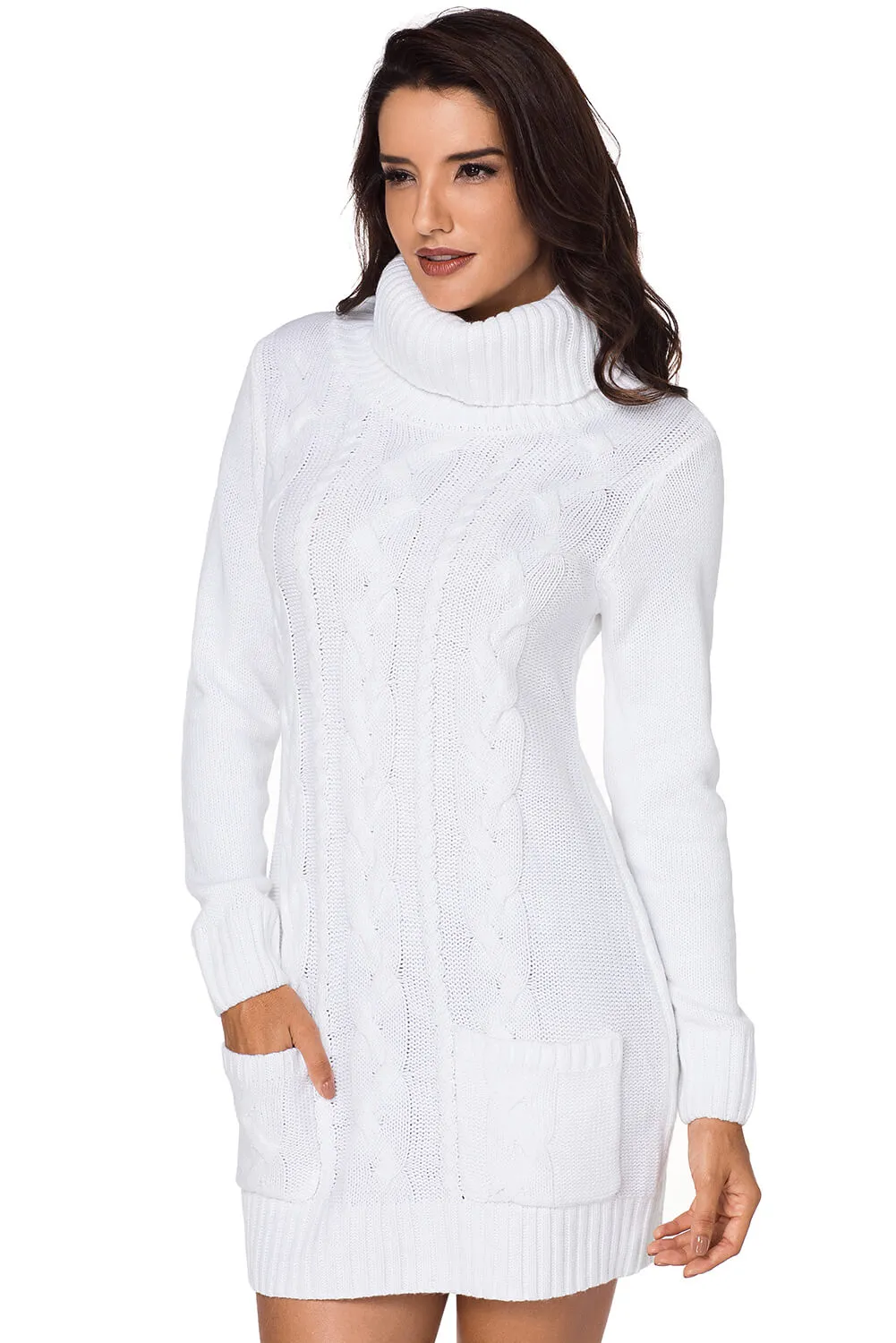 Cowl Neck Cable Knit Sweater Dress