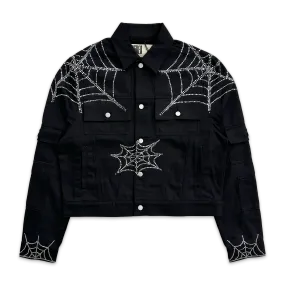 Crystal Web Denim Cropped Trucker Jacket "Black"