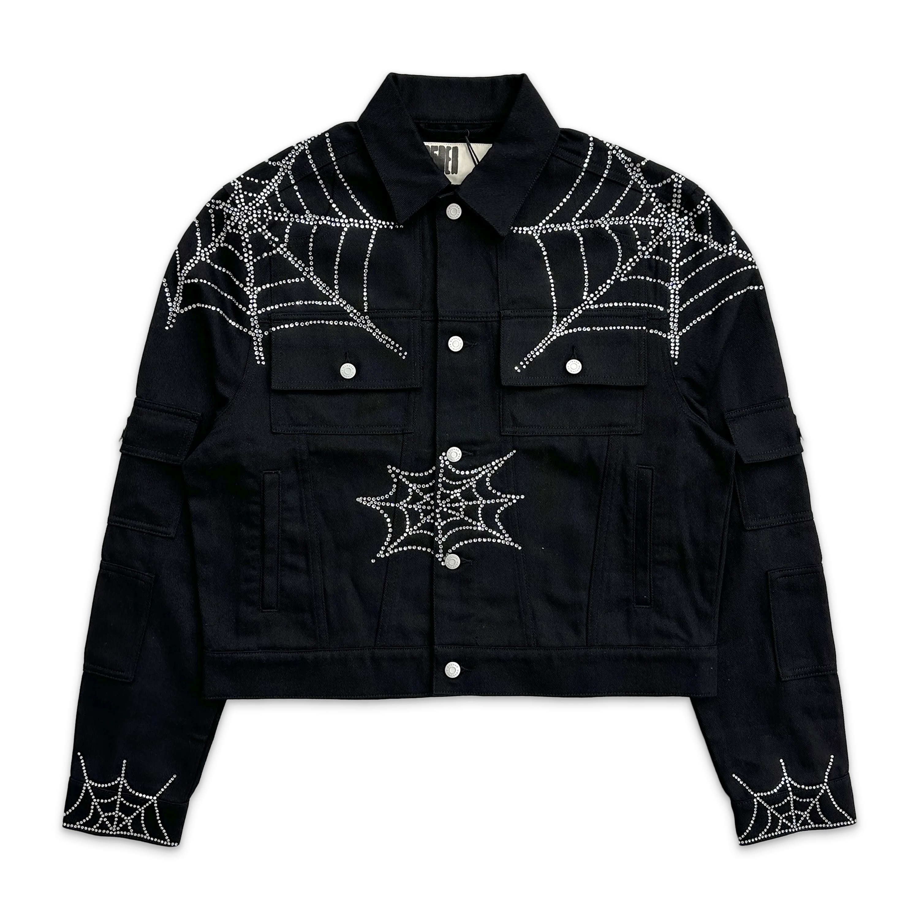 Crystal Web Denim Cropped Trucker Jacket "Black"