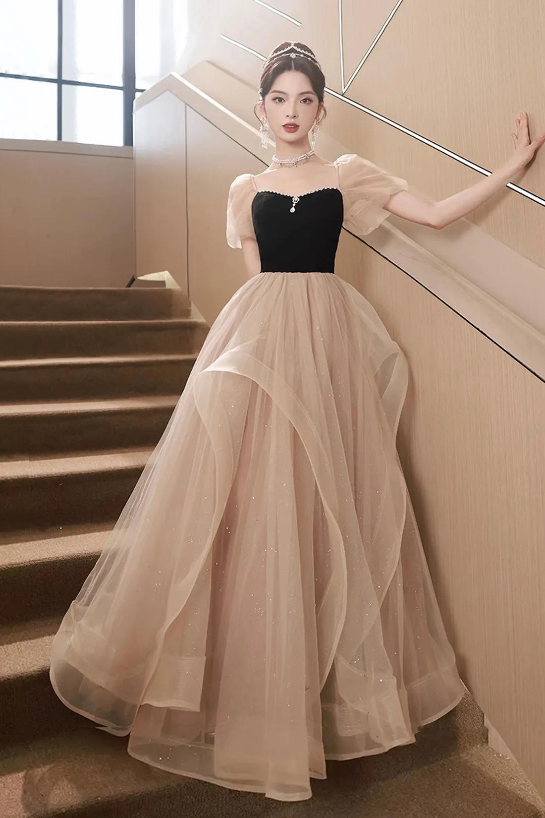 Cute Velvet Tulle Long Prom Dress, Beautiful Short Sleeve Evening Dress