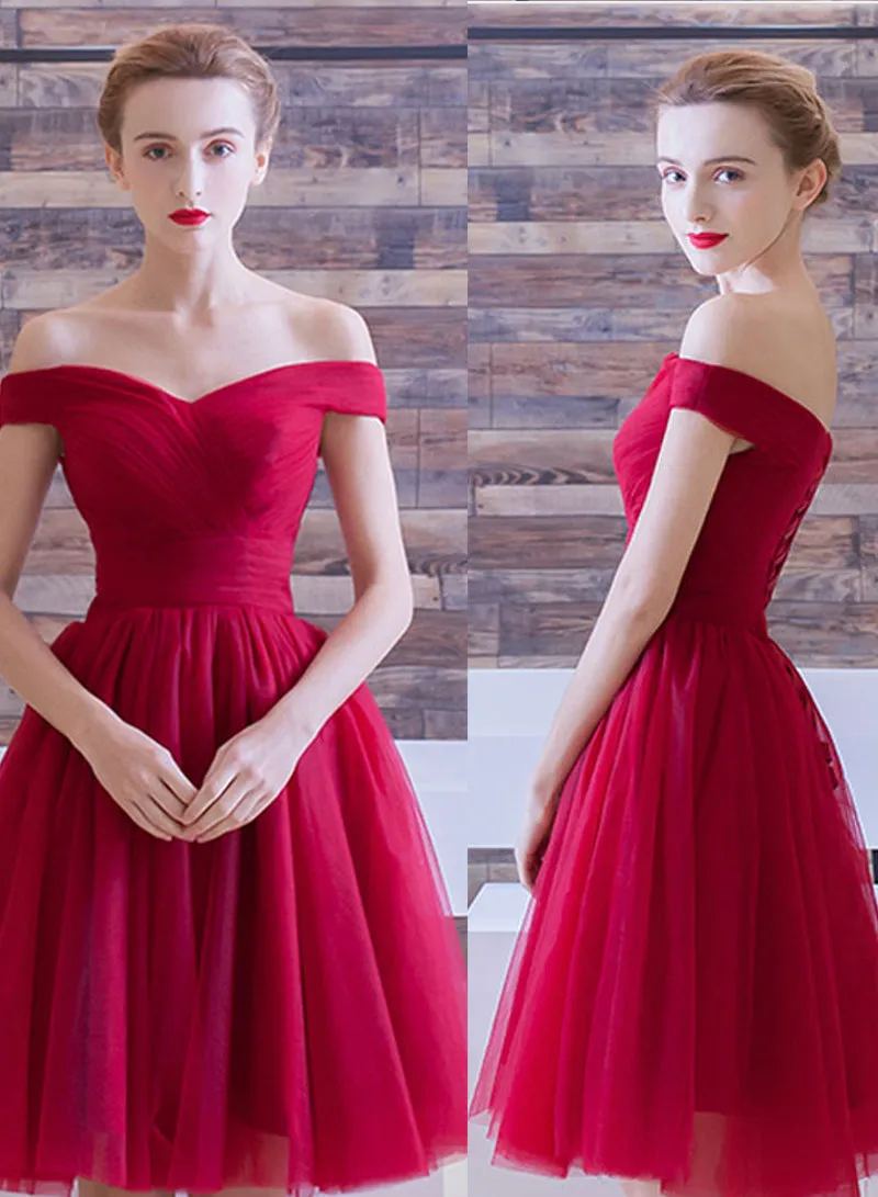 Dark Red Tulle Short Prom Dress, A-Line Off the Shoulder Evening Party Dress