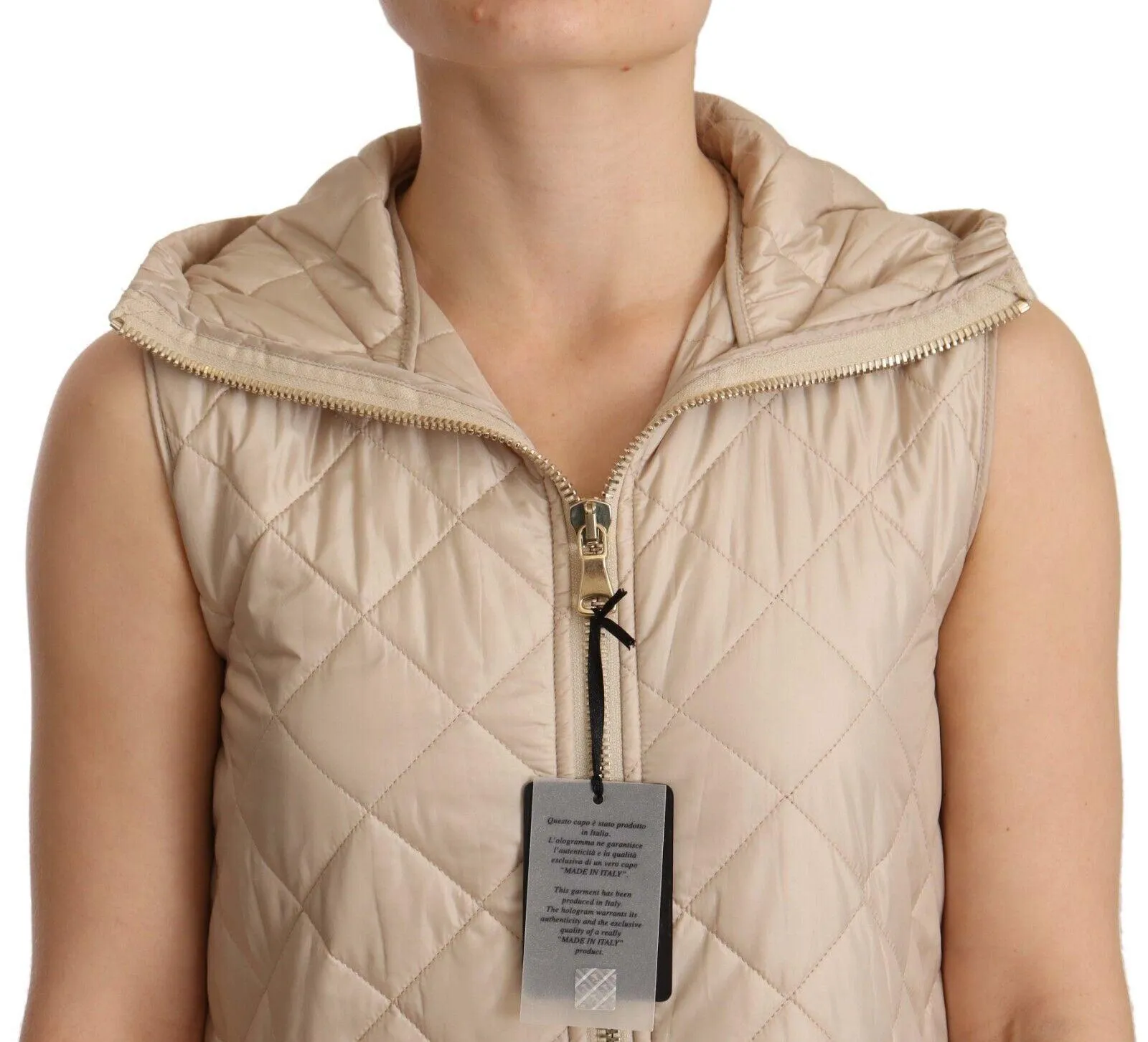 Ermanno Scervino Beige Quilted Hooded Sleeveless Coat Jacket