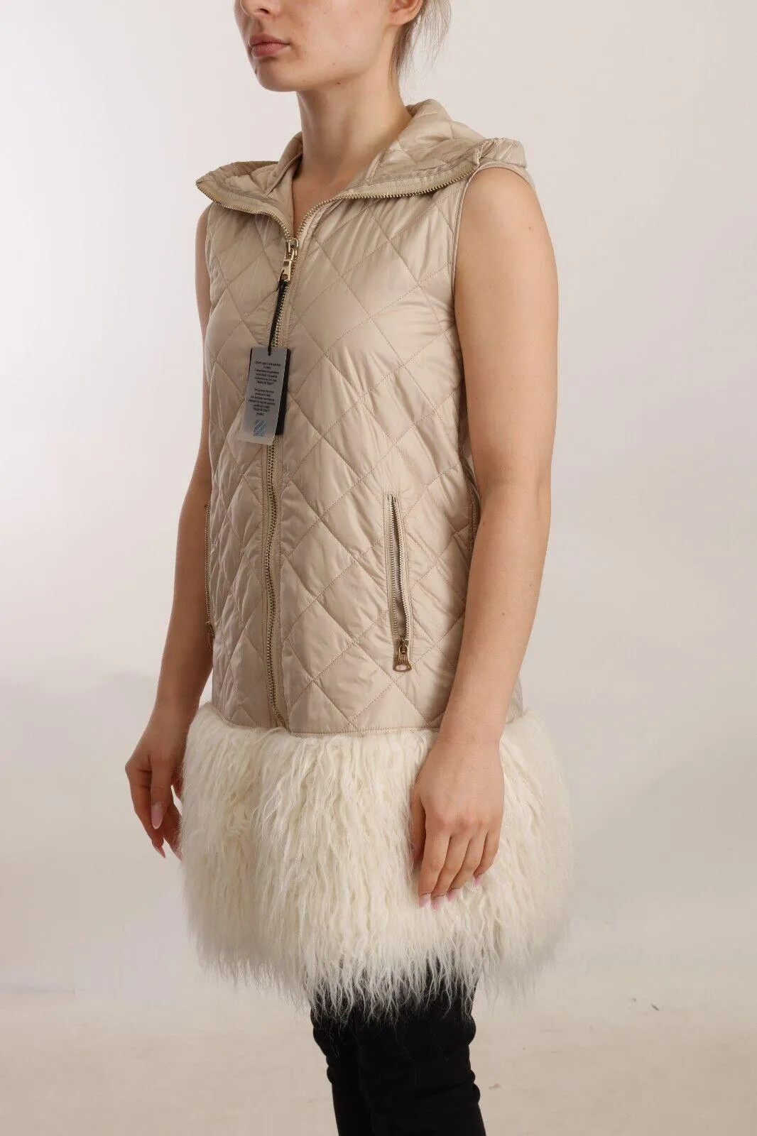 Ermanno Scervino Beige Quilted Hooded Sleeveless Coat Jacket