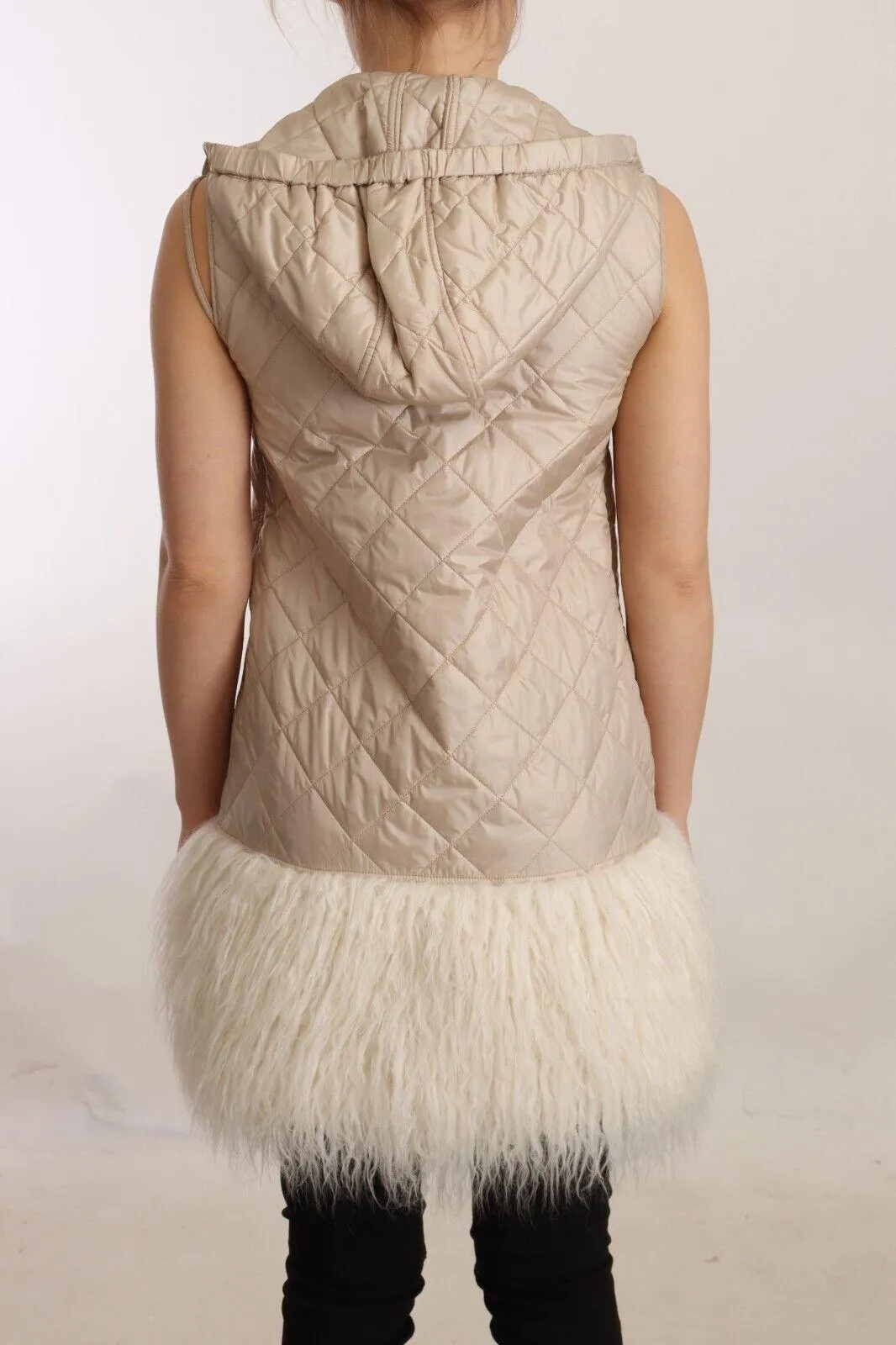 Ermanno Scervino Beige Quilted Hooded Sleeveless Coat Jacket