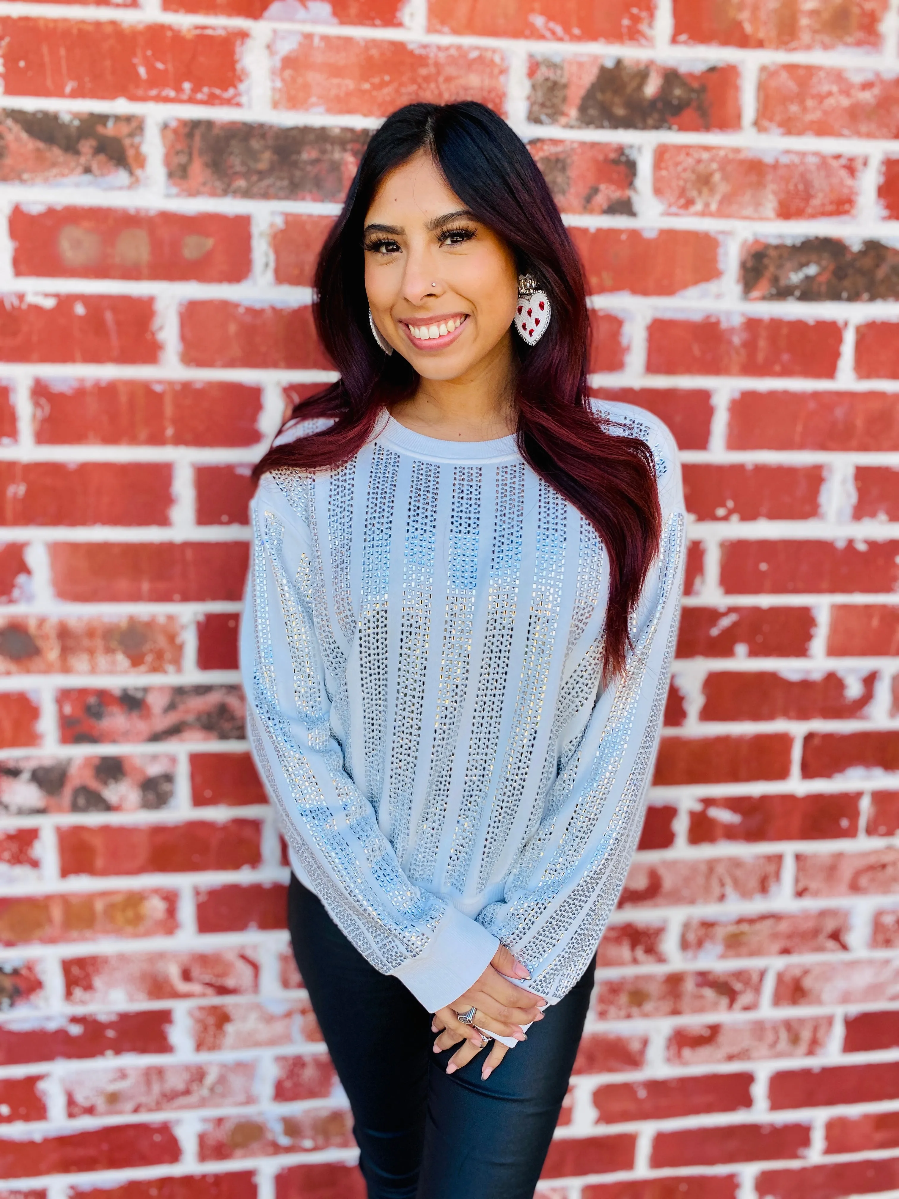 Fresh White Rhinestone Stripe Sweater