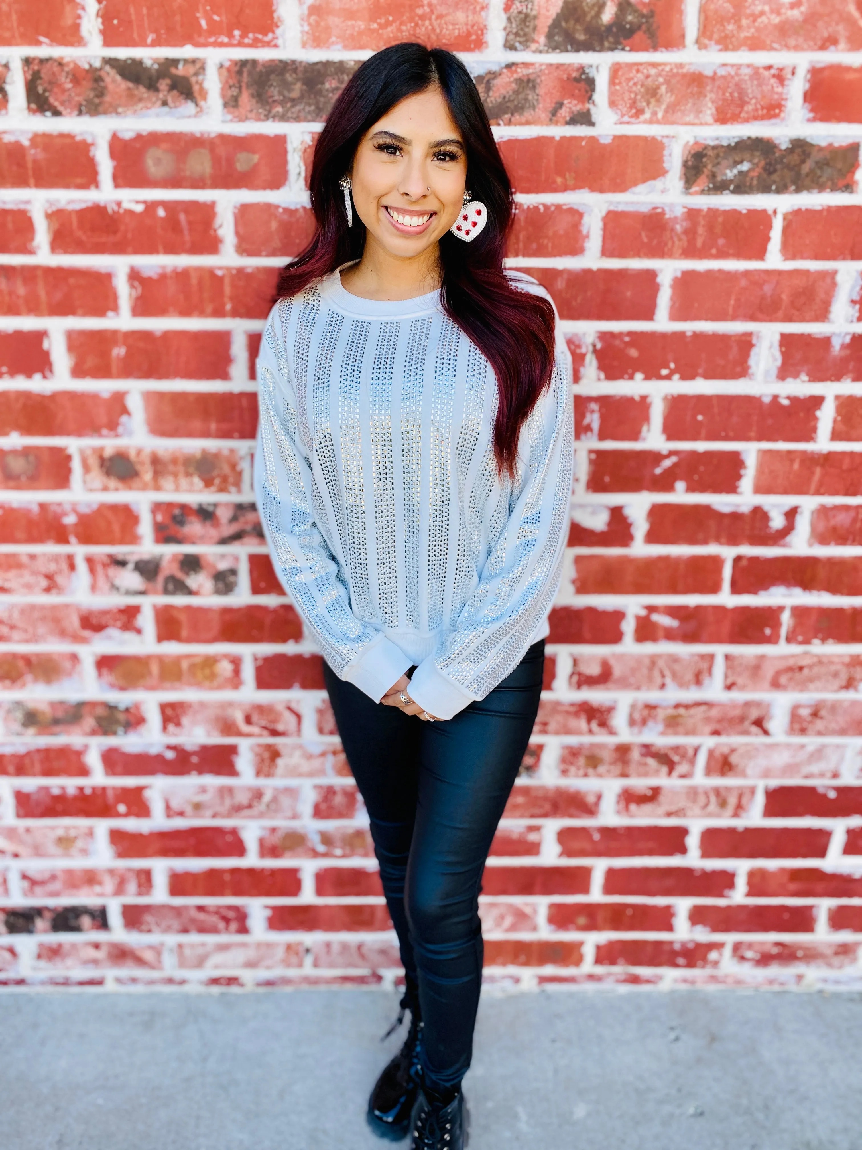 Fresh White Rhinestone Stripe Sweater