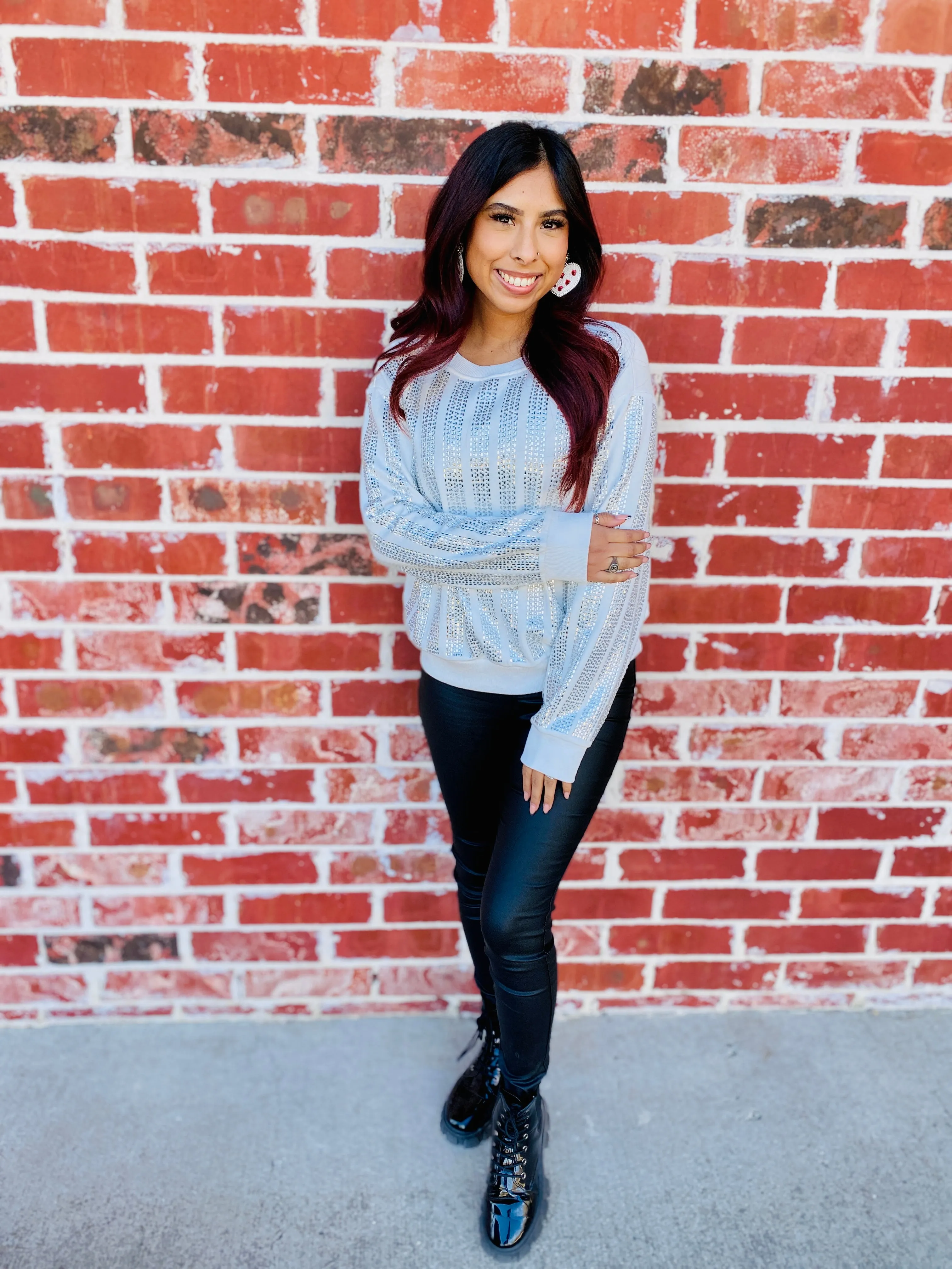 Fresh White Rhinestone Stripe Sweater