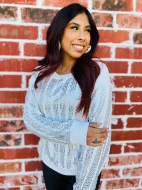 Fresh White Rhinestone Stripe Sweater