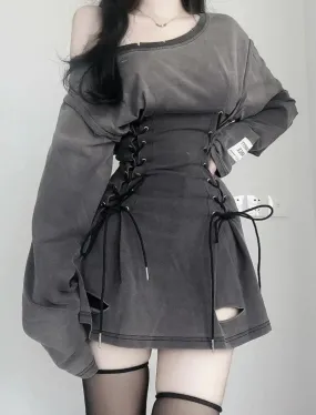 Hnzxzm Fairycore Grunge Corset Dress Long Sleeve Women Aesthetic Y2k Fairy Goth Clothes Kawaii Bandage Bodycon Dresses Spring Autumn