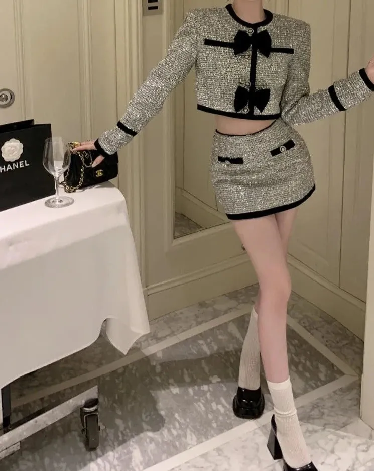 LERA Sequin Tweed Crop Jacket and Skirt Set