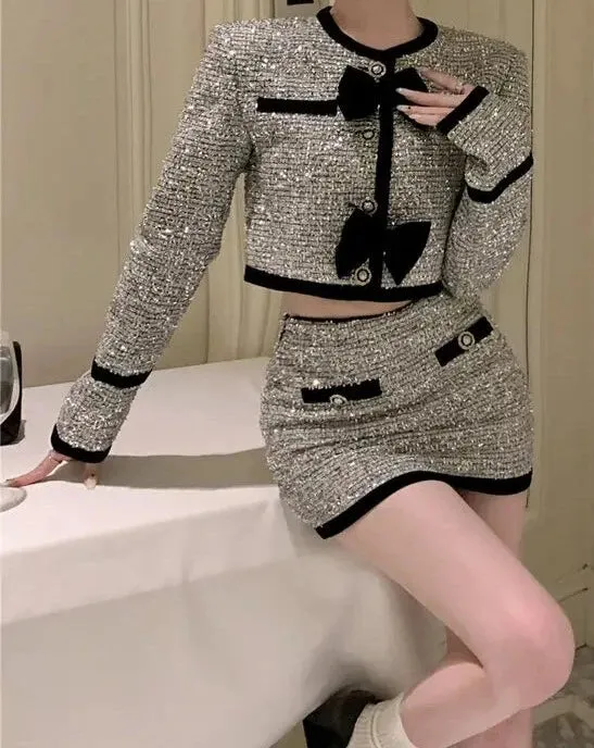 LERA Sequin Tweed Crop Jacket and Skirt Set