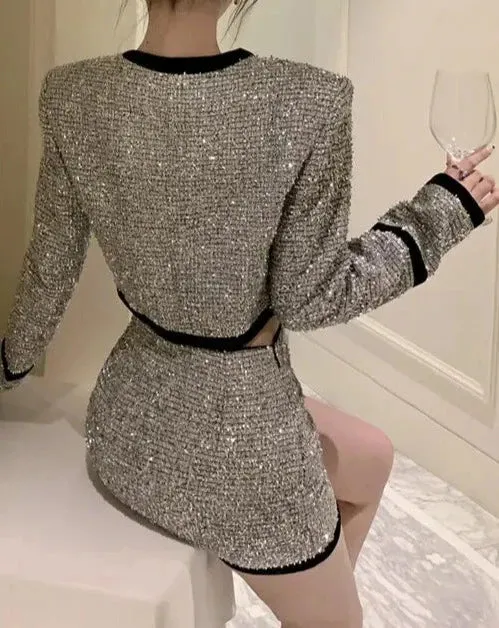 LERA Sequin Tweed Crop Jacket and Skirt Set